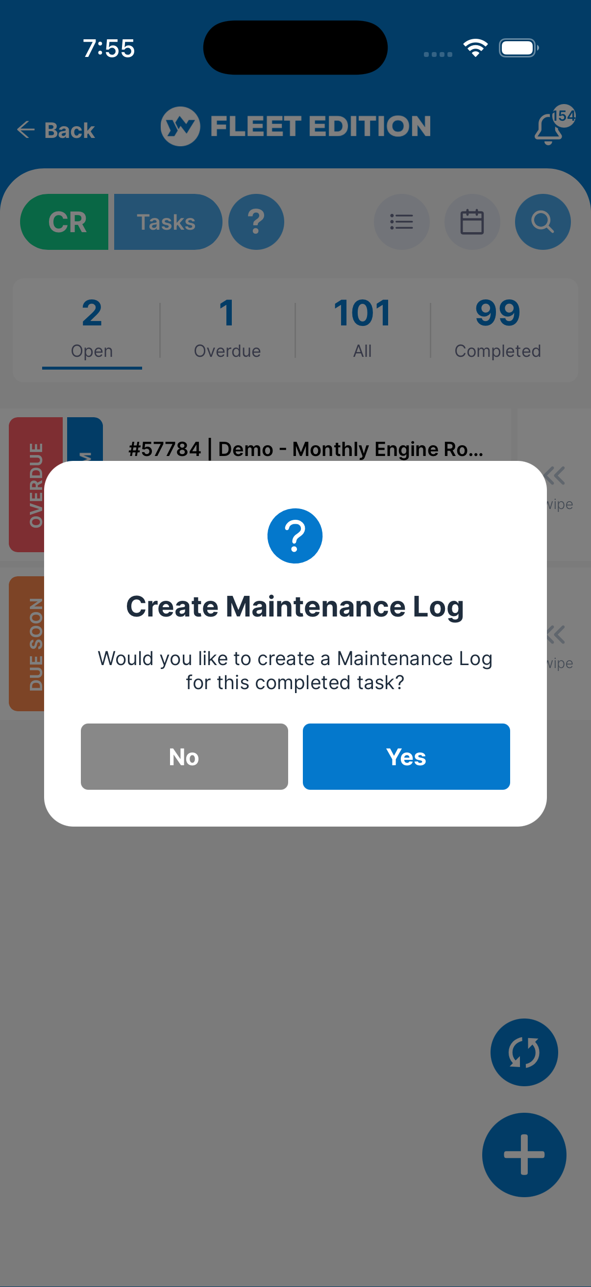 YACHTWAVE yacht maintenance software: mobile app prompting to create a maintenance log automatically after a task is completed