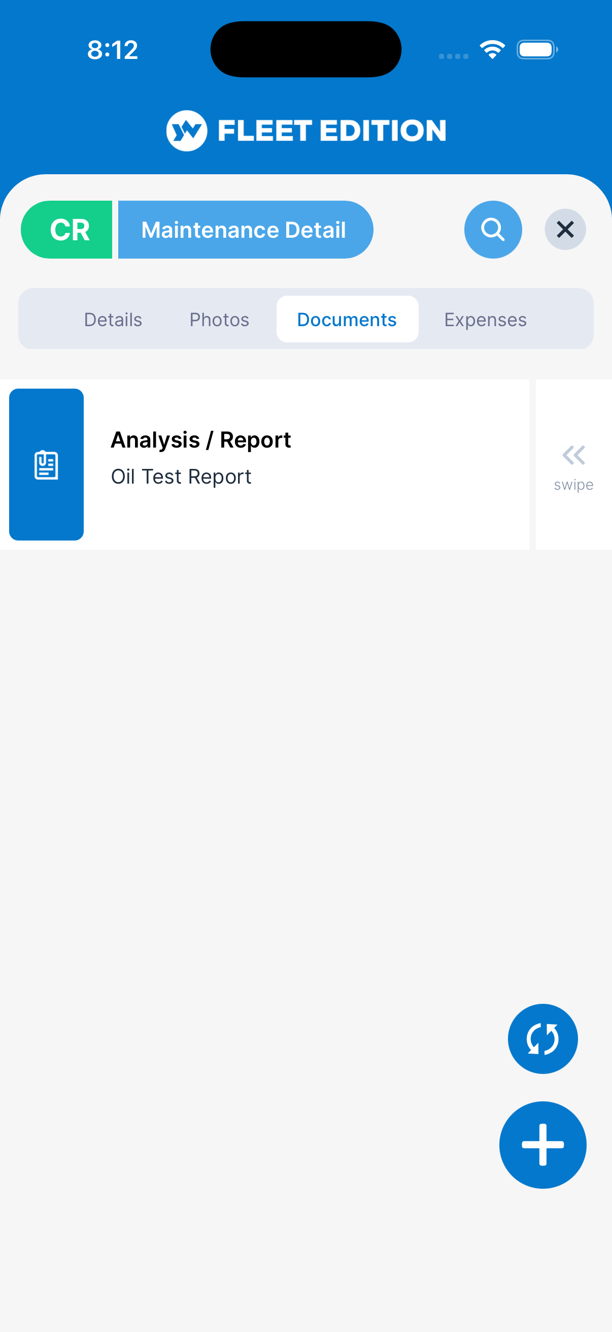 YACHTWAVE yacht maintenance software: mobile app maintenance log entry Documents tab showing an attached oil test analysis report
