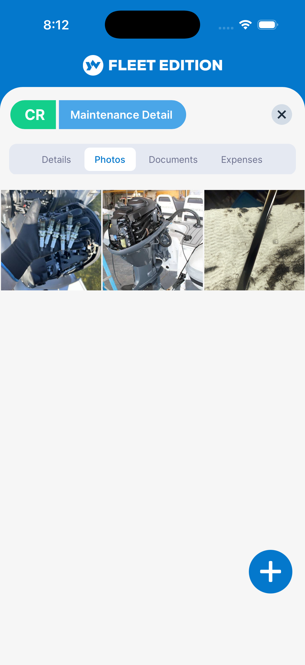 YACHTWAVE yacht maintenance software: mobile app maintenance log entry Photos tab showing spark plug and outboard engine service photos