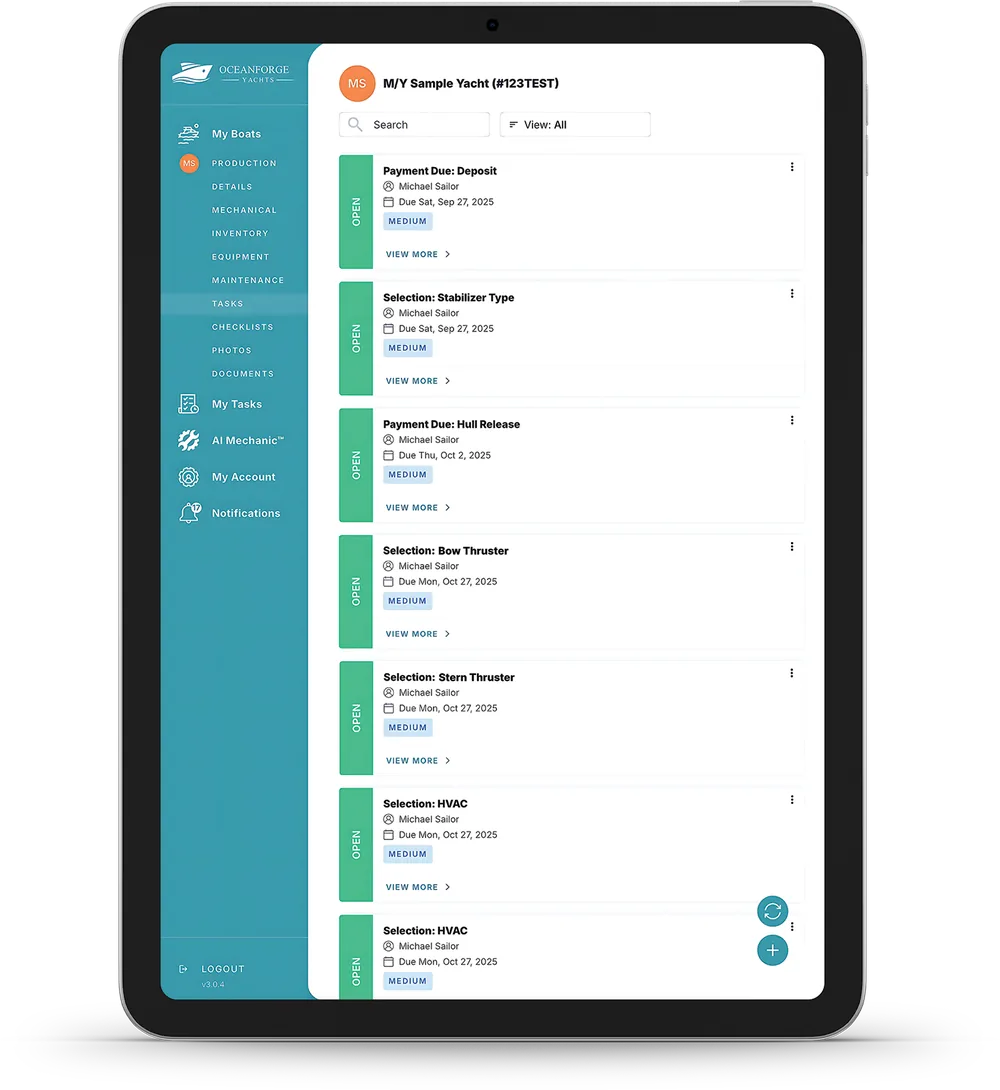 Customer action items list showing payment and selection tasks with due dates on a tablet