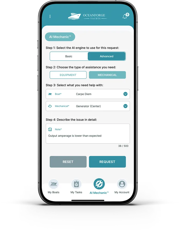AI Mechanic request form: choose the engine, the equipment and describe the issue