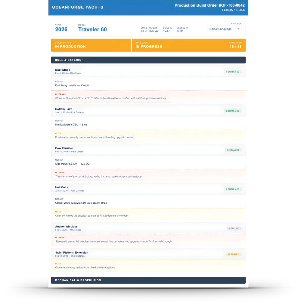 Builder-branded Production Build Order document listing model, build number, status and decisions