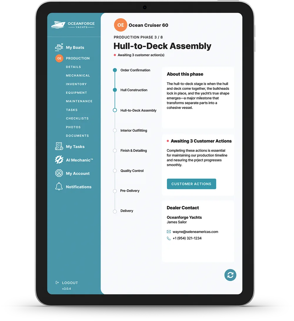Production phase timeline with phase description, customer actions and dealer contact on a tablet