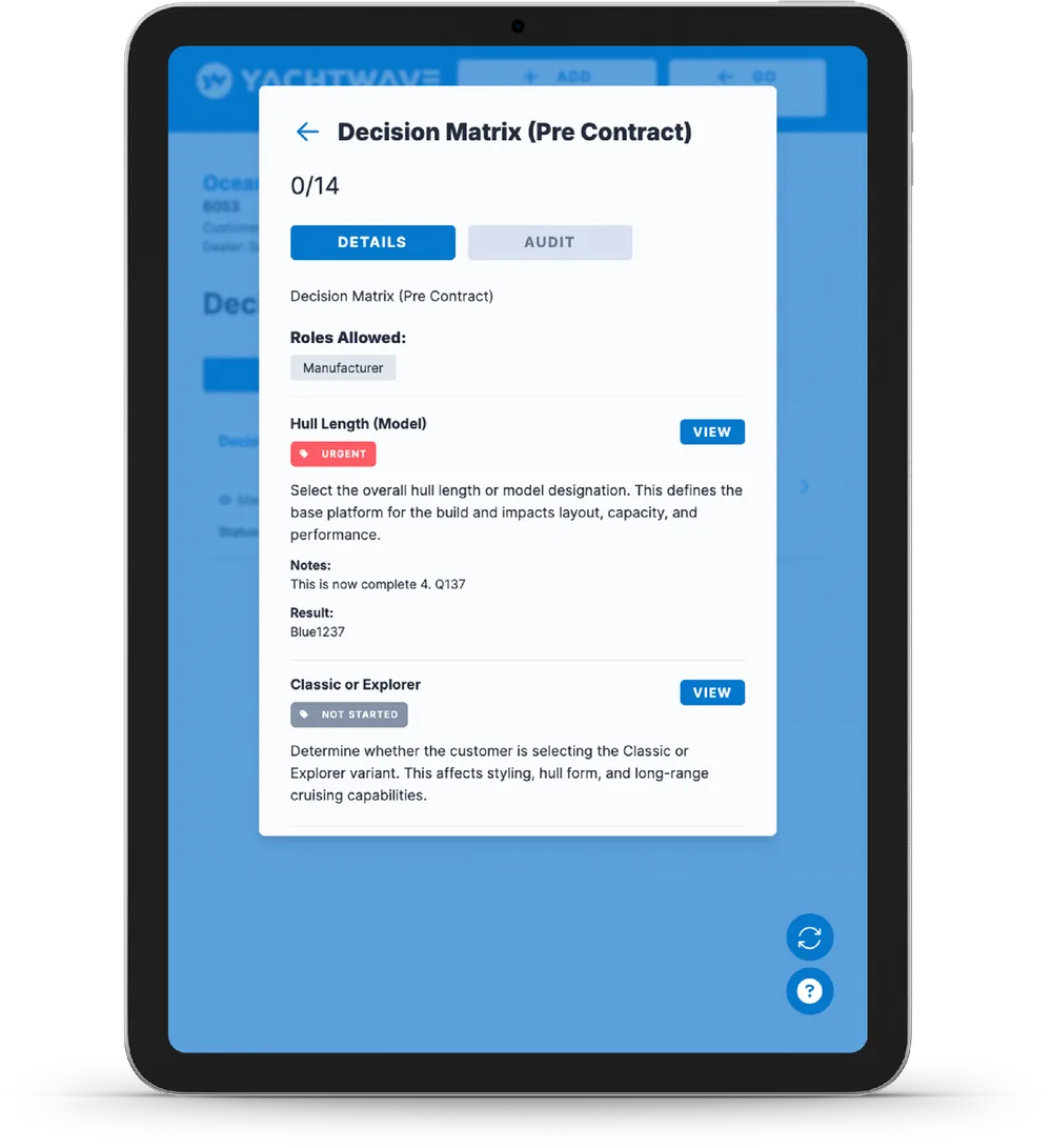 Decision Matrix (Pre Contract) with roles allowed, decision status and audit tab on a tablet