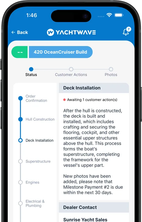 Build status timeline in the YACHTWAVE Delivery Platform mobile app
