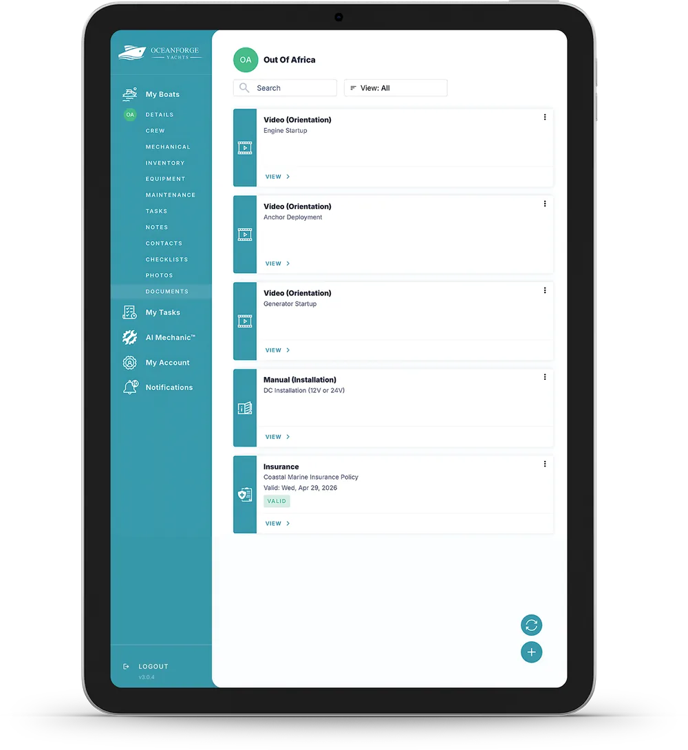 Owner documents list with orientation videos, installation manual and insurance policy on a tablet