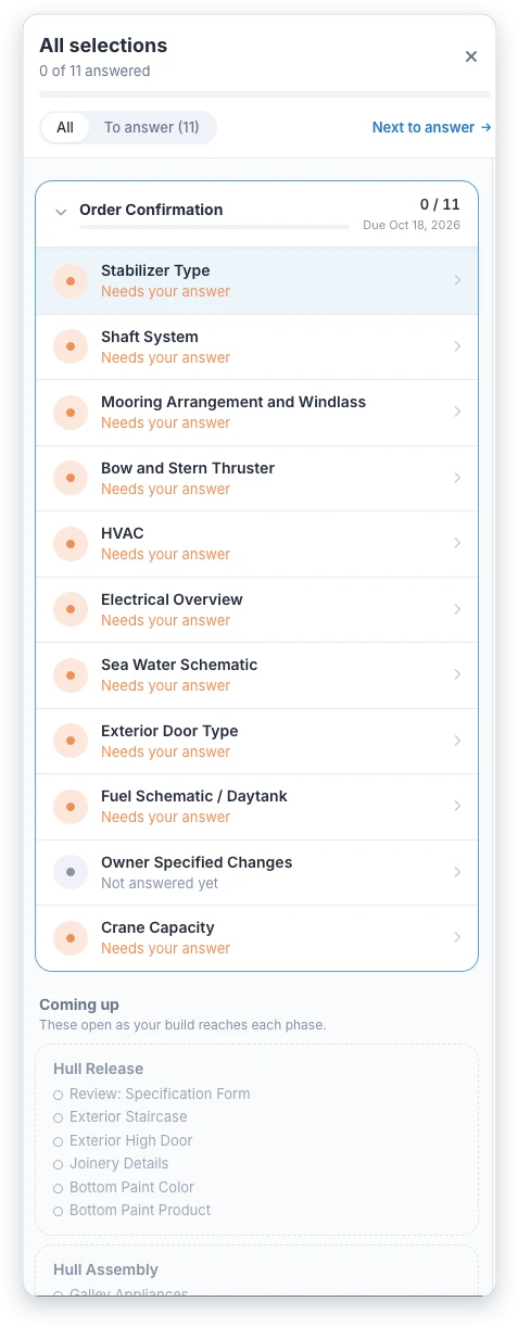 Selection Manager index: the Order Confirmation selections due Oct 18, 2026, each marked Needs your answer, with the next phases listed as coming up