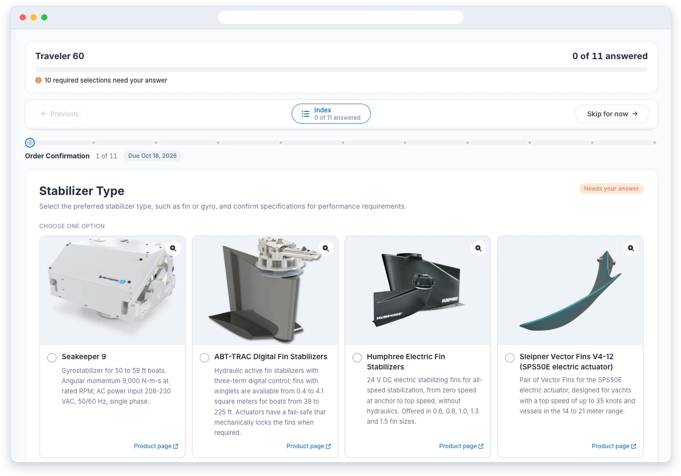 Selection Manager in a browser: the Stabilizer Type selection on a Traveler 60 build, four options each with a photo, a description and a product page link