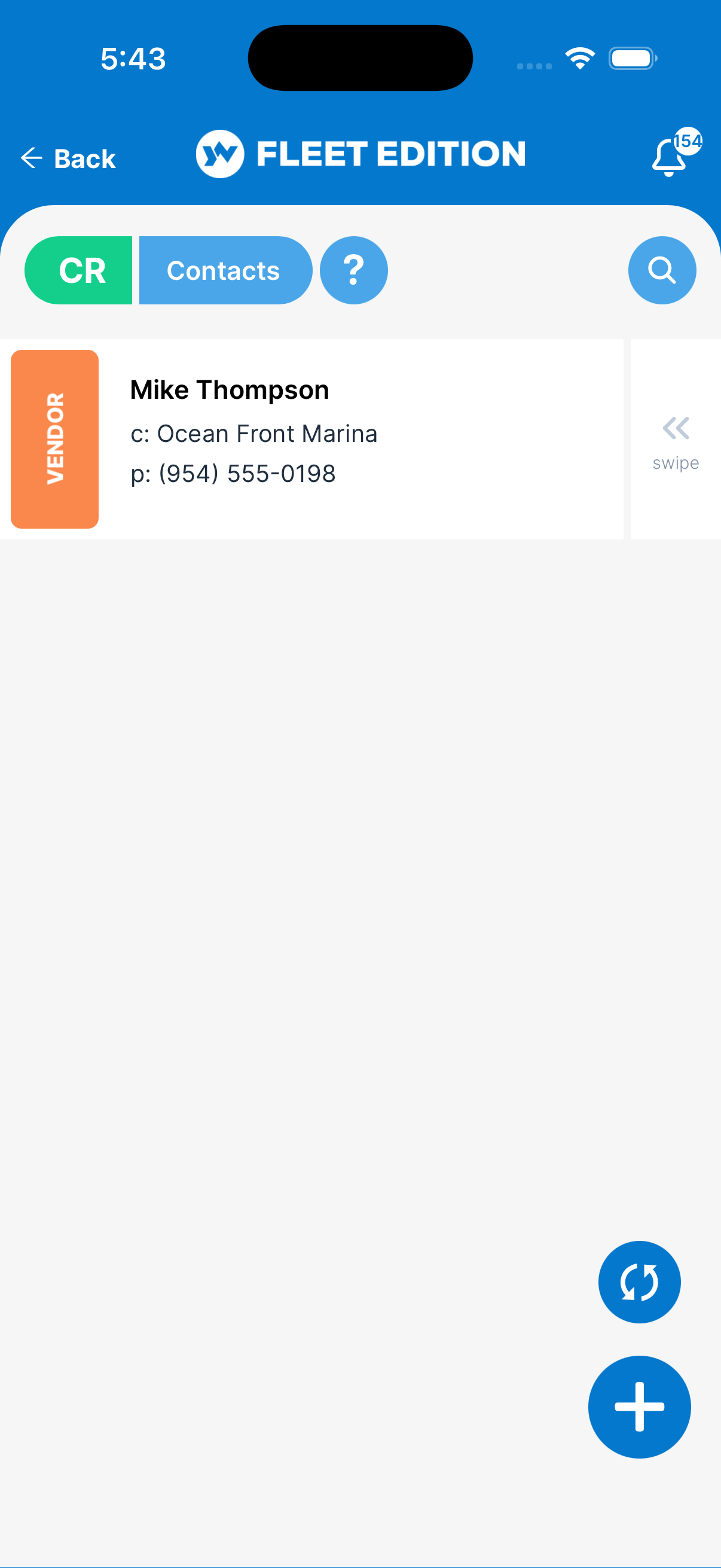 YACHTWAVE yacht management software: a vessel's Contacts list in the mobile app — a vendor with his company and phone number readable at a glance