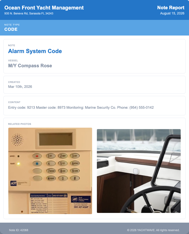 YACHTWAVE yacht management software: a note shared as a public web page — the management company's Note Report for a vessel's alarm system, with its photos, readable by anyone with the link and no account