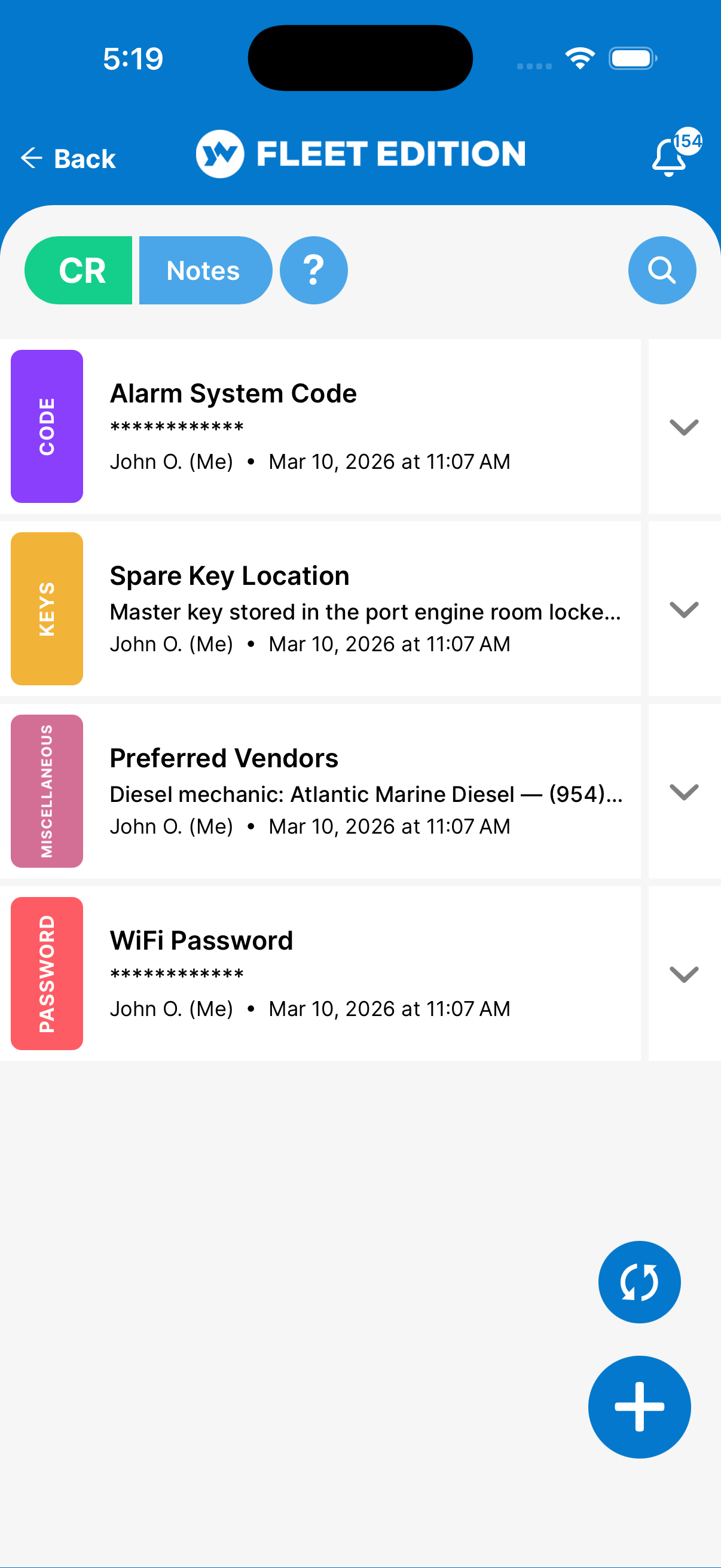 YACHTWAVE yacht management software: a vessel's Notes list in the mobile app — alarm system code, spare key location, and preferred vendors, each labeled with its category, author, and date