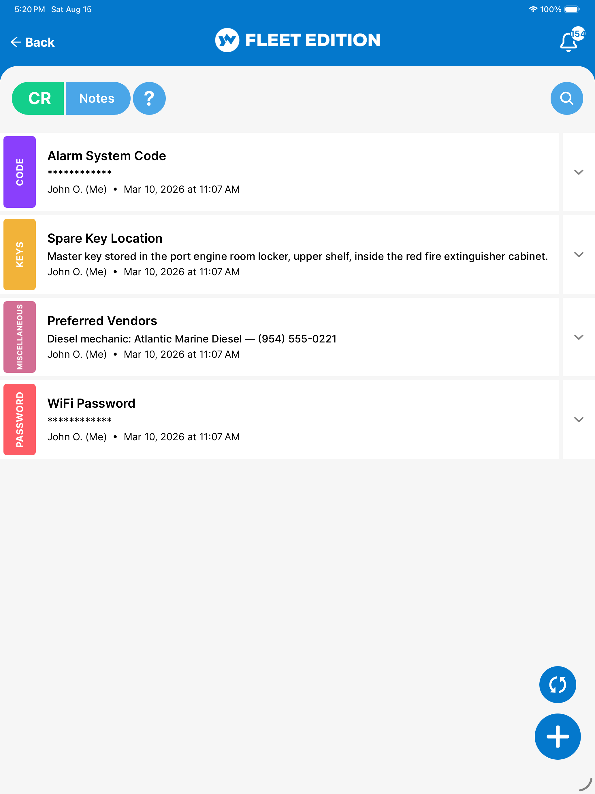 YACHTWAVE yacht management software: the Notes list on tablet with the alarm system code and Wi-Fi password showing only asterisks, while ordinary notes stay readable