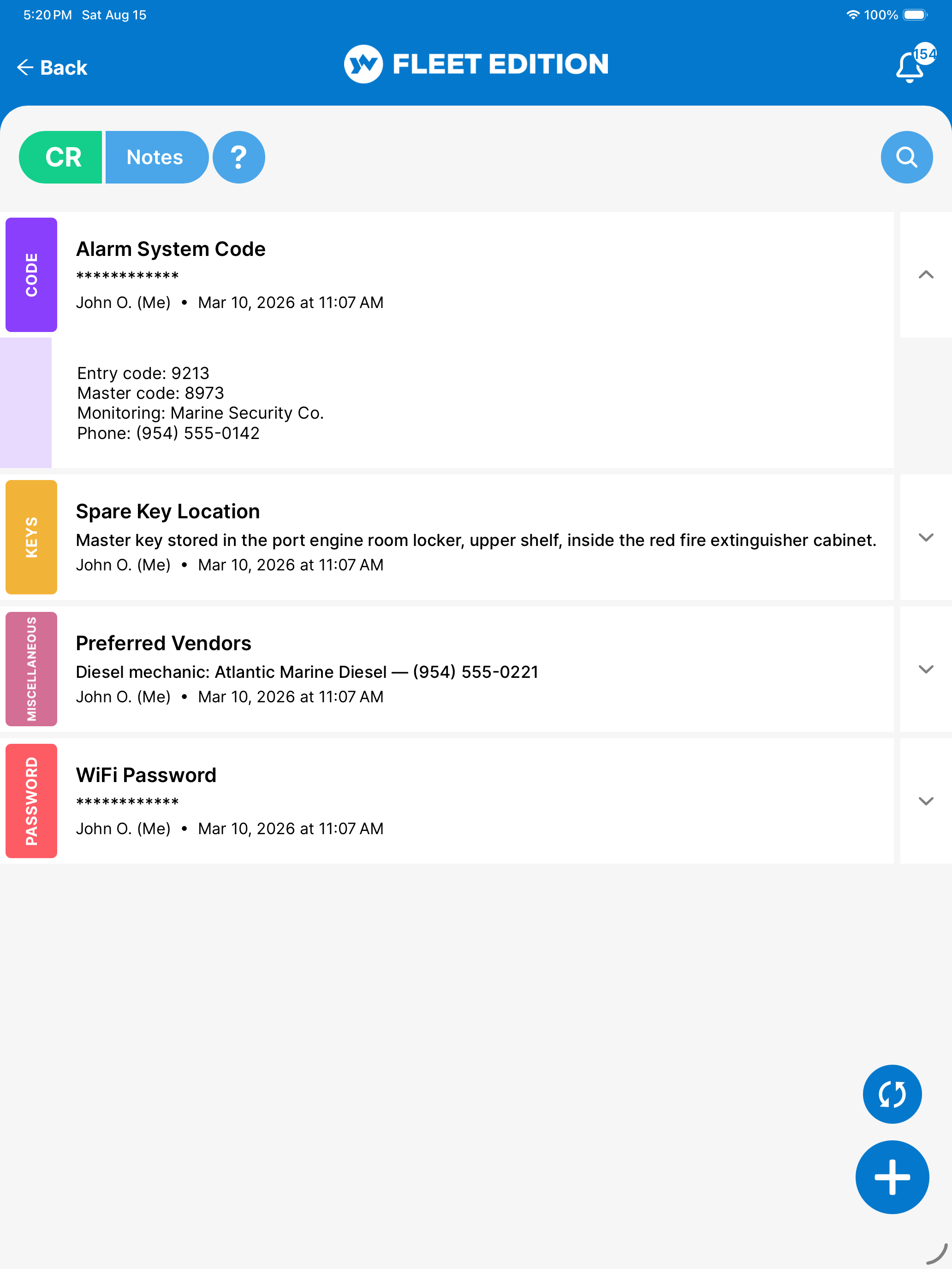 YACHTWAVE yacht management software: the same list with the alarm system note deliberately expanded, revealing the entry code and the monitoring company's phone number