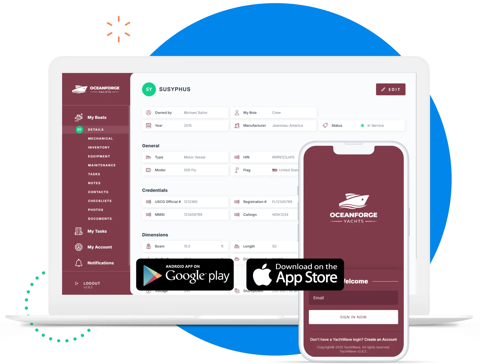 Custom branded OEM owner app on laptop and phone with App Store and Google Play badges