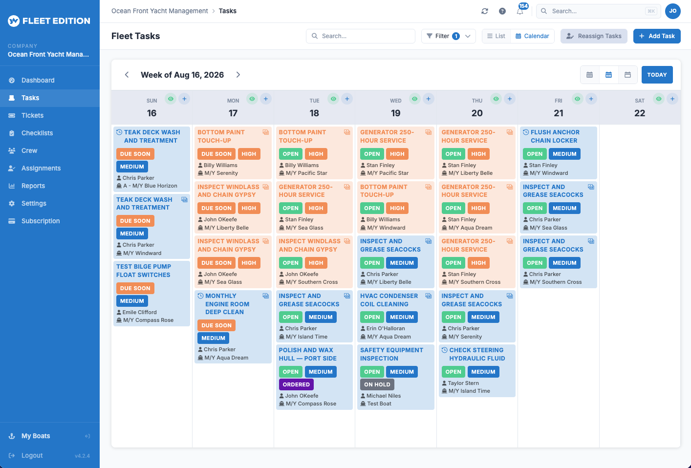 YACHTWAVE yacht management software: Fleet Edition fleet-wide task calendar view showing the week's scheduled work across the fleet