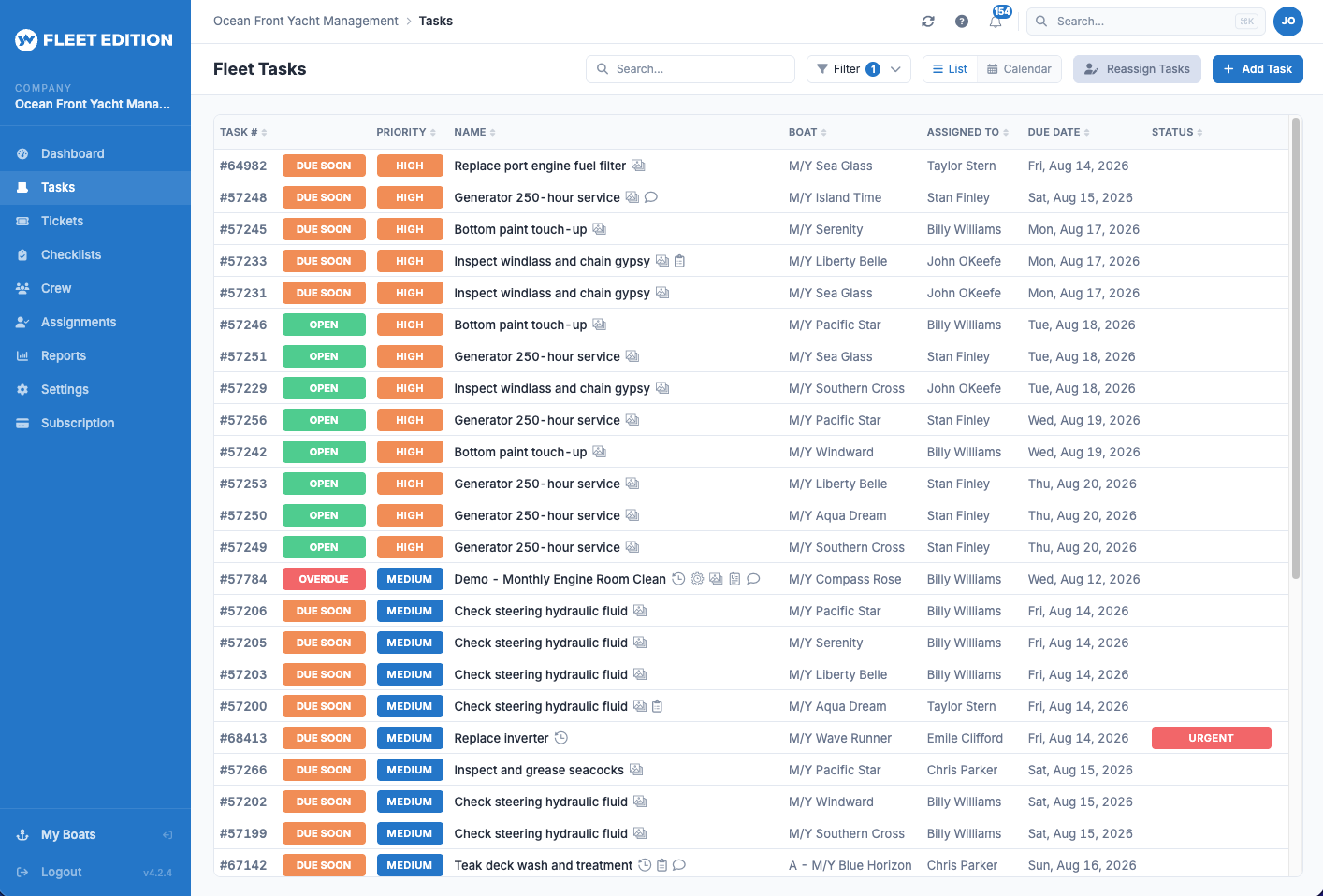 YACHTWAVE yacht management software: Fleet Edition fleet-wide task list showing tasks across multiple vessels with priorities, assignees, and due dates