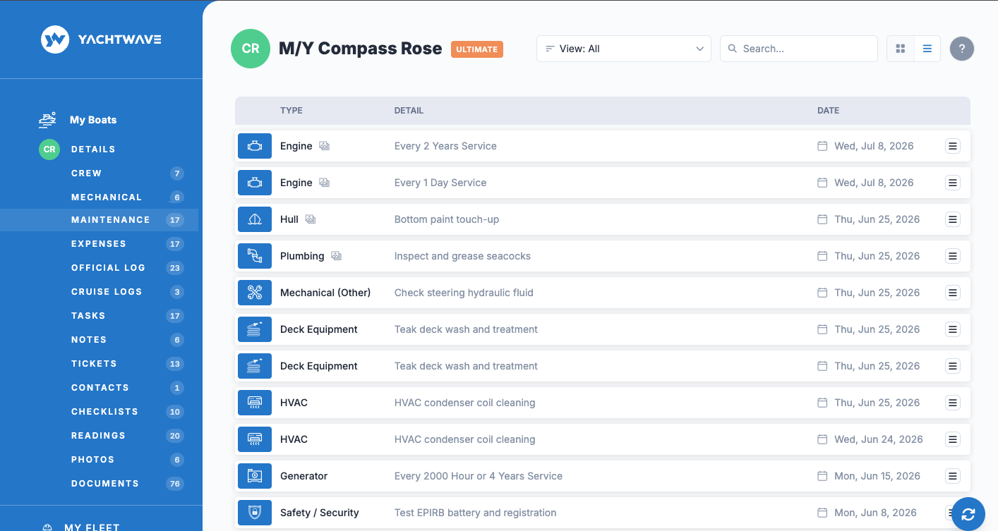YACHTWAVE yacht management software: web app maintenance log for a motor yacht showing the vessel's service history by type — engine, hull, plumbing, HVAC, and safety — with dates