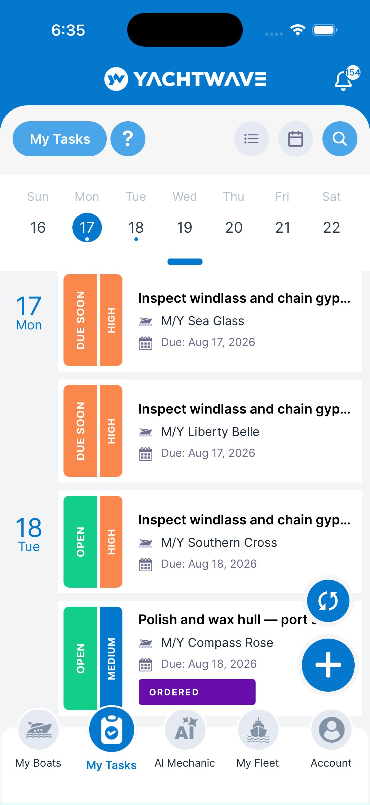 YACHTWAVE yacht management software: mobile app My Tasks list view showing the crew member's assigned tasks grouped by day