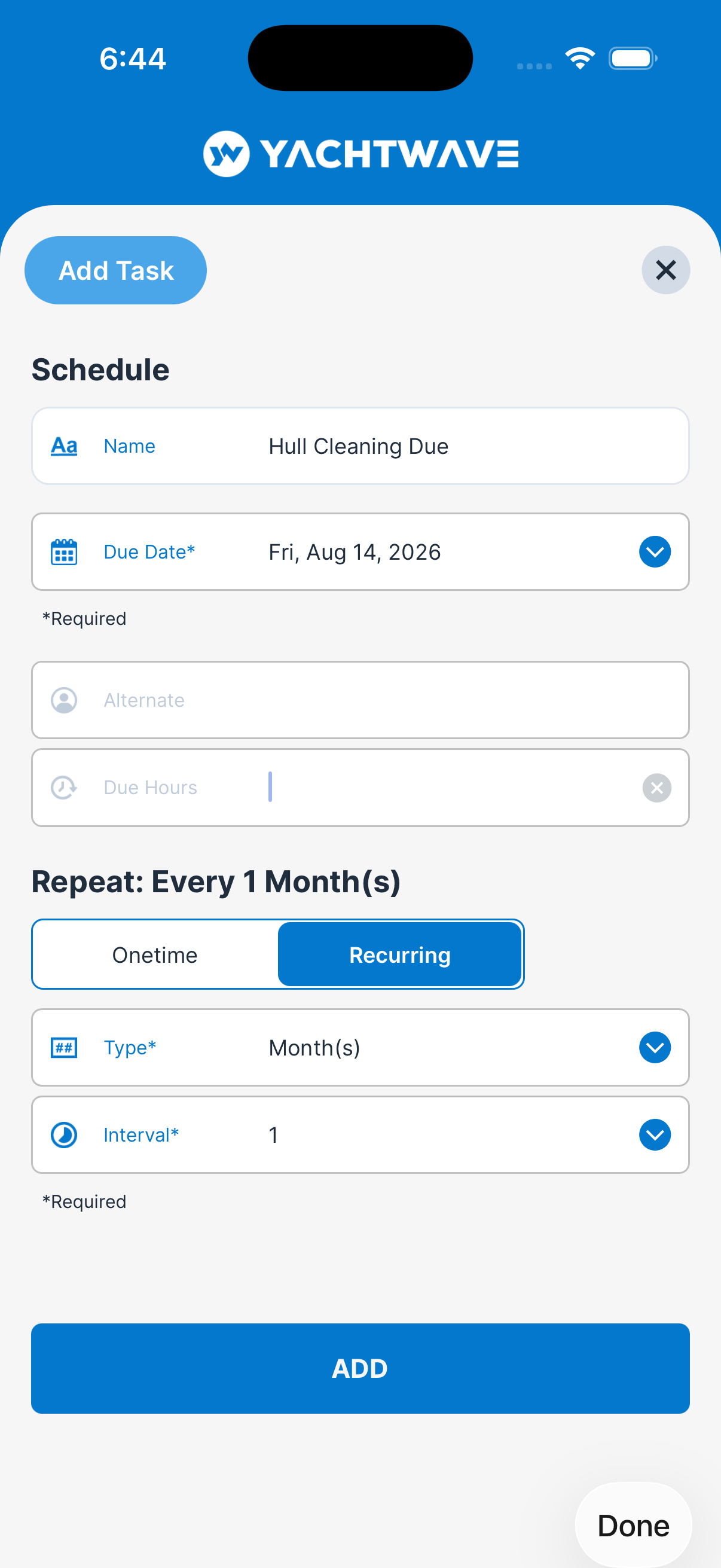 YACHTWAVE yacht management software: mobile app Add Task screen scheduling a recurring monthly task with due date and engine-hour options