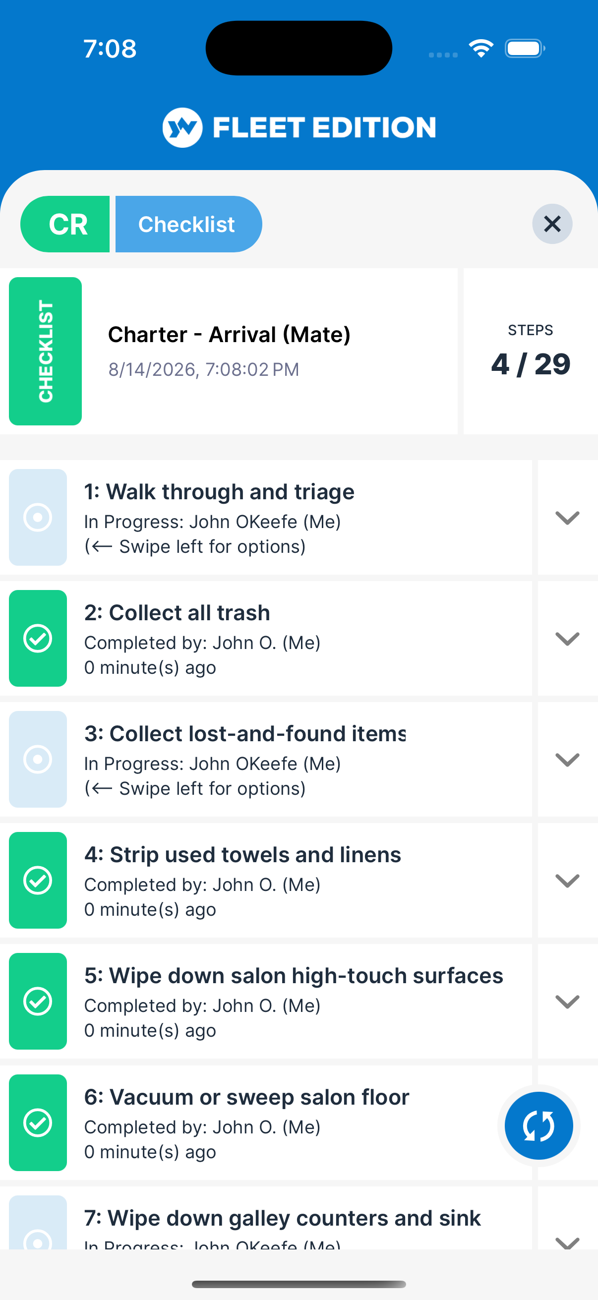 YACHTWAVE yacht management software: mobile app checklist attached to a task showing completed and in-progress steps with who completed each and when