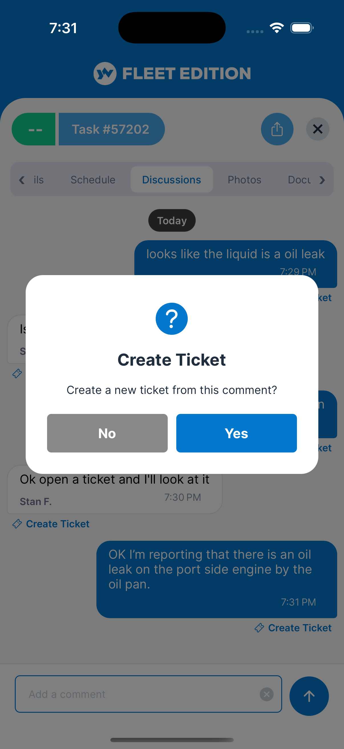 YACHTWAVE yacht management software: mobile app Create Ticket confirmation converting a task comment about an oil leak into a trouble ticket with one tap