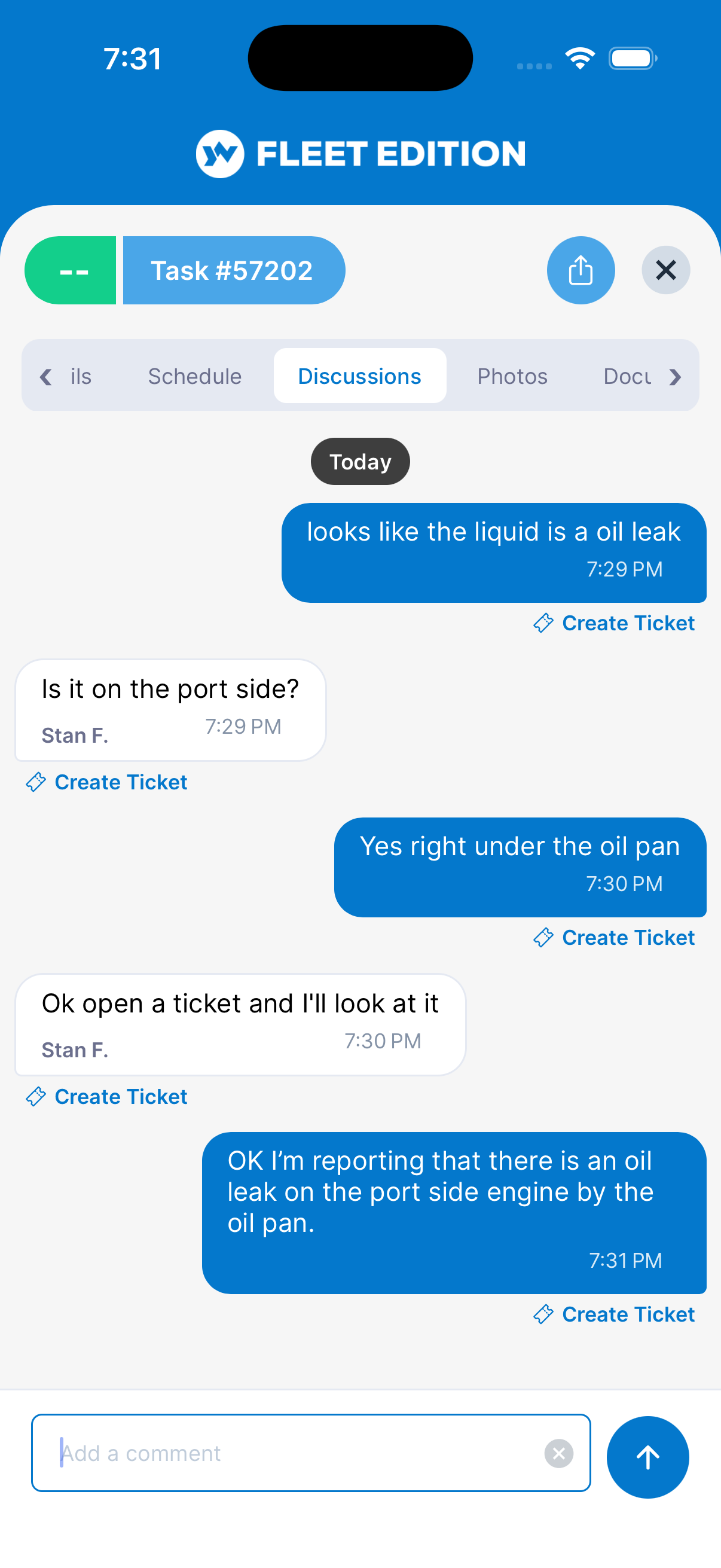 YACHTWAVE yacht management software: mobile app task discussion thread where crew report an oil leak on the port engine, with a Create Ticket action on every comment