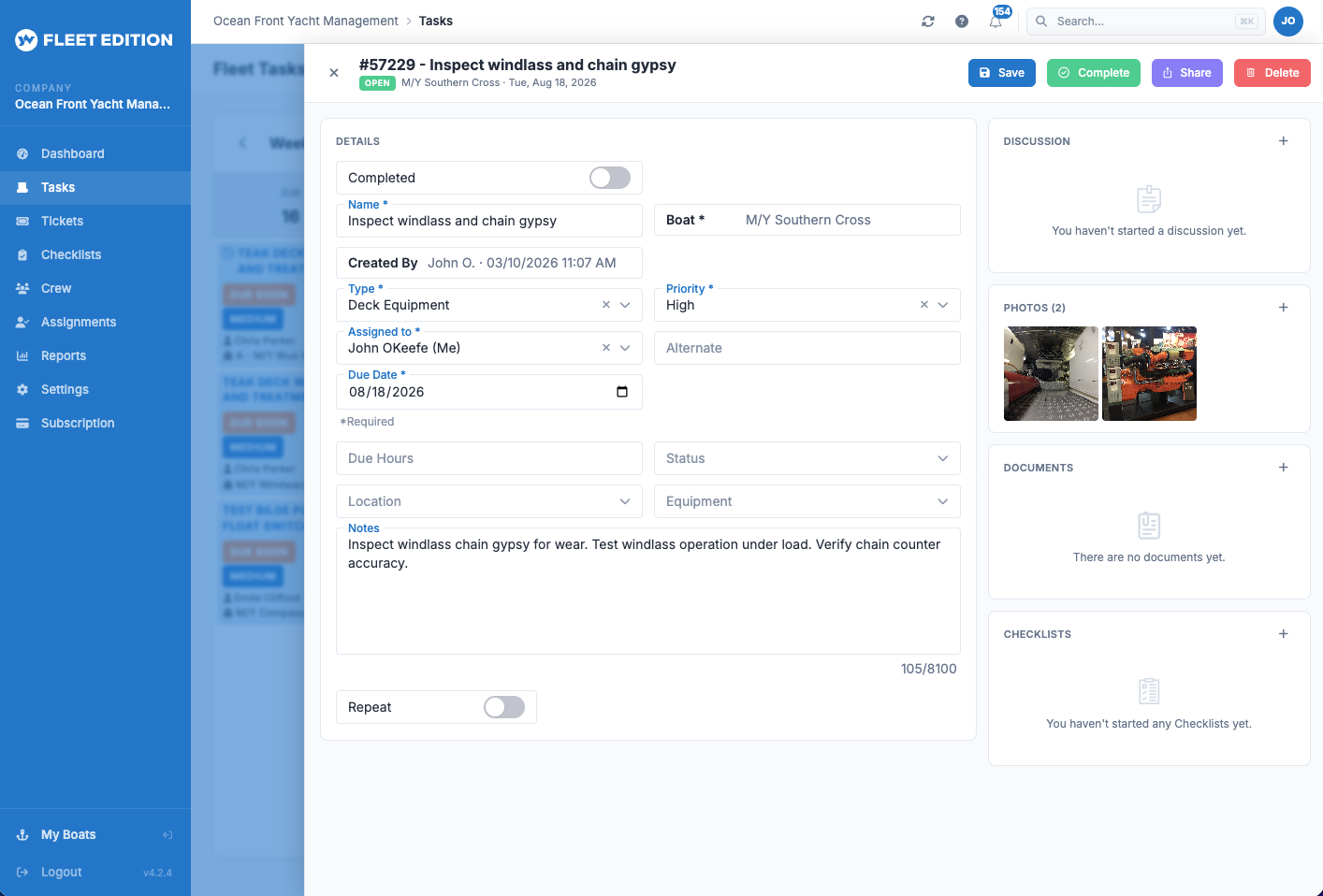 YACHTWAVE yacht management software: Fleet Edition web task detail showing a work order with type, priority, assignee, due date, photos, discussion, and checklists