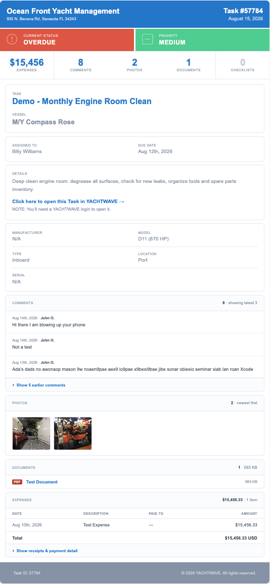 Shared YACHTWAVE task web page viewed by an outside contractor showing status, expenses, comments, photos, documents, and vessel details with the management company's name at the top