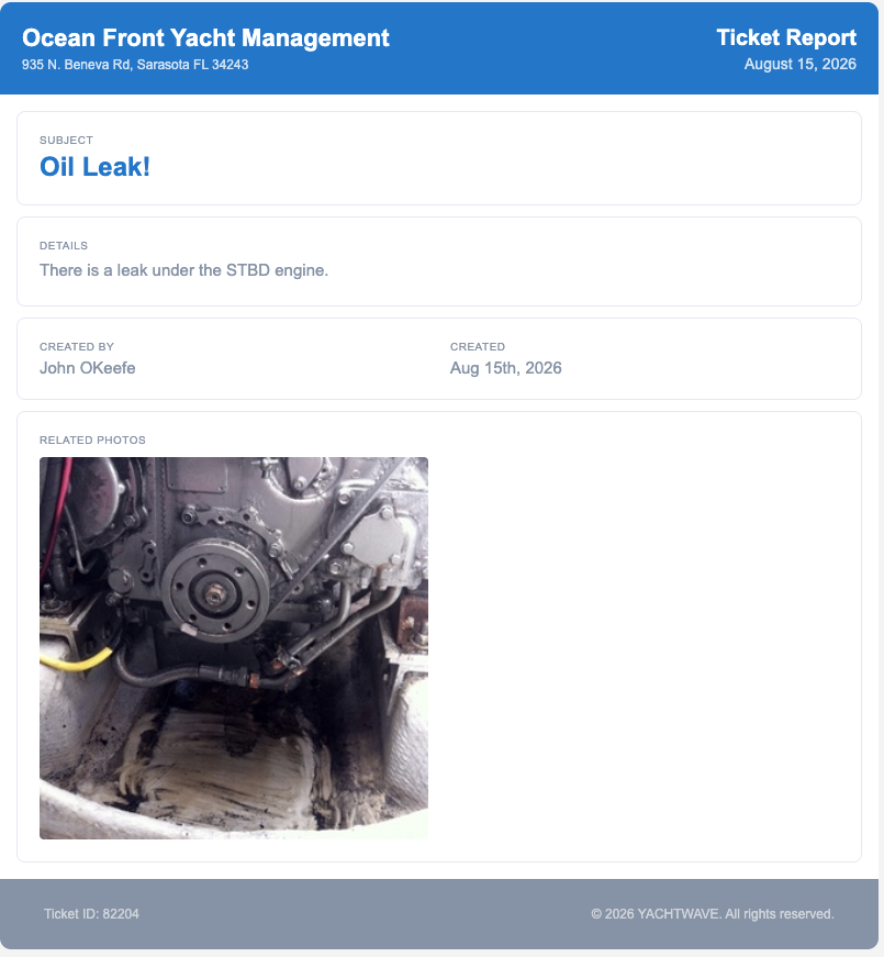 YACHTWAVE yacht management software: a trouble ticket shared as a public web page, showing the subject, details, who reported it and the photo, viewable without an account