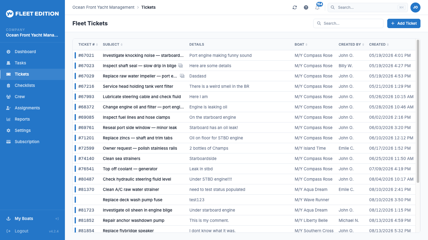 YACHTWAVE yacht management software: the Fleet Tickets queue listing open tickets across every vessel with ticket number, subject, boat, who reported it and when