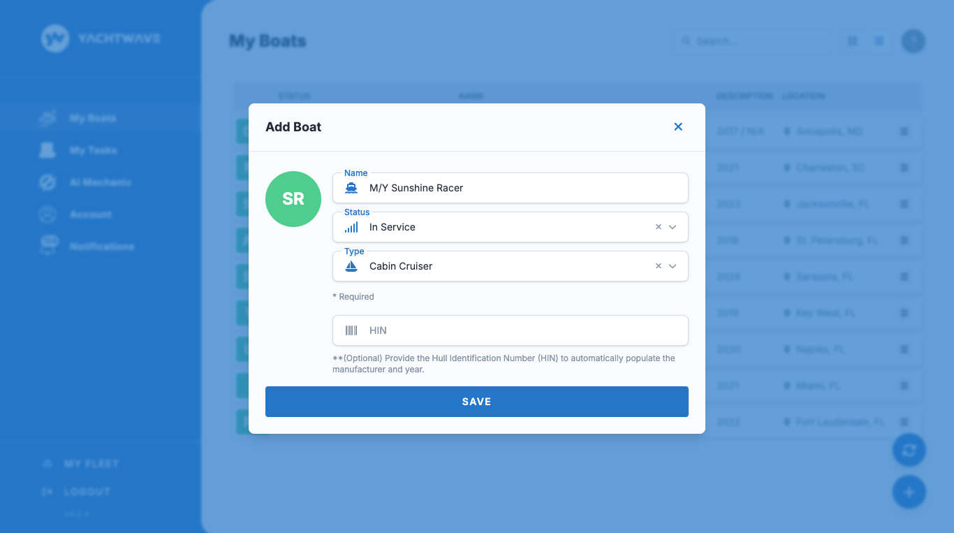 YACHTWAVE yacht management software: web app Add Boat dialog with name, status and vessel type filled in, and an optional hull identification number field that populates the manufacturer and year automatically