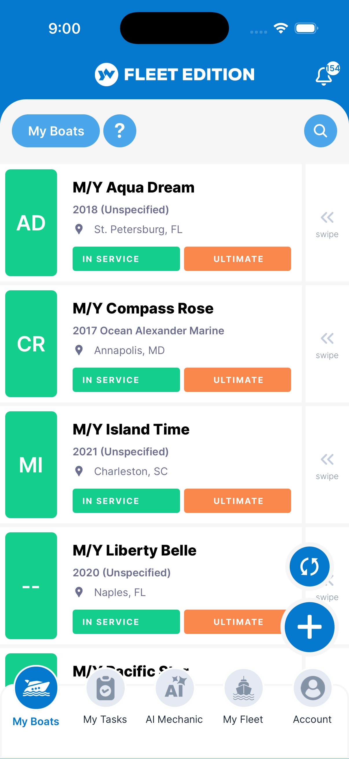YACHTWAVE yacht management software: Fleet Edition mobile app showing the My Boats list with In Service status badges on each vessel
