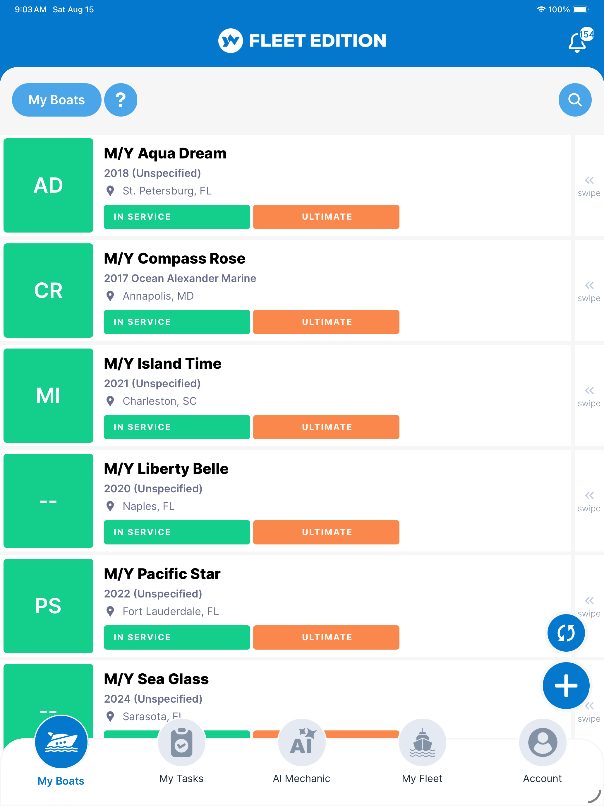 YACHTWAVE yacht management software: Fleet Edition on a tablet showing the same fleet as a scrollable My Boats list