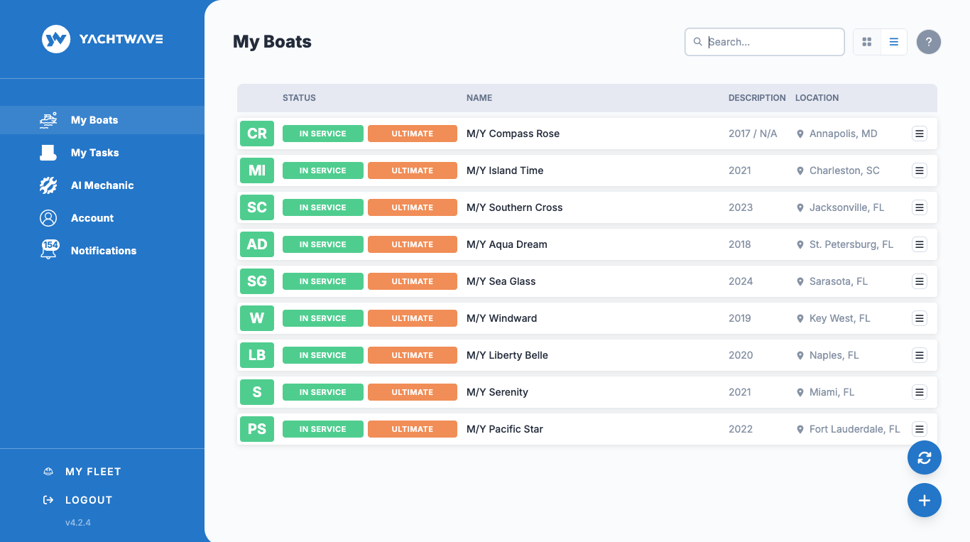 YACHTWAVE yacht management software: Fleet Edition web app showing the My Boats list of nine motor yachts with status and license badges, home ports from Annapolis to Key West