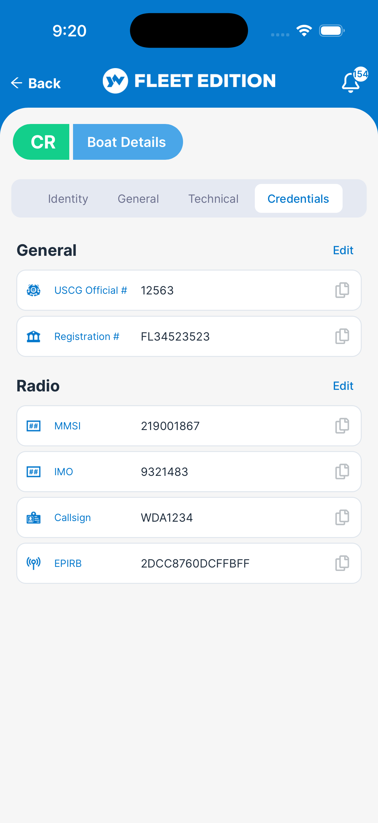 YACHTWAVE yacht management software: mobile app showing a vessel's credentials: USCG official number, state registration, MMSI, IMO, call sign and EPIRB registration