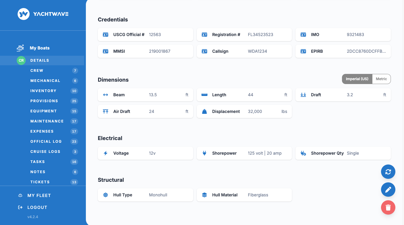 YACHTWAVE yacht management software: web app vessel record showing credentials, dimensions, electrical and structural details together, with crew, mechanical, inventory, maintenance, logs and tasks listed down the side