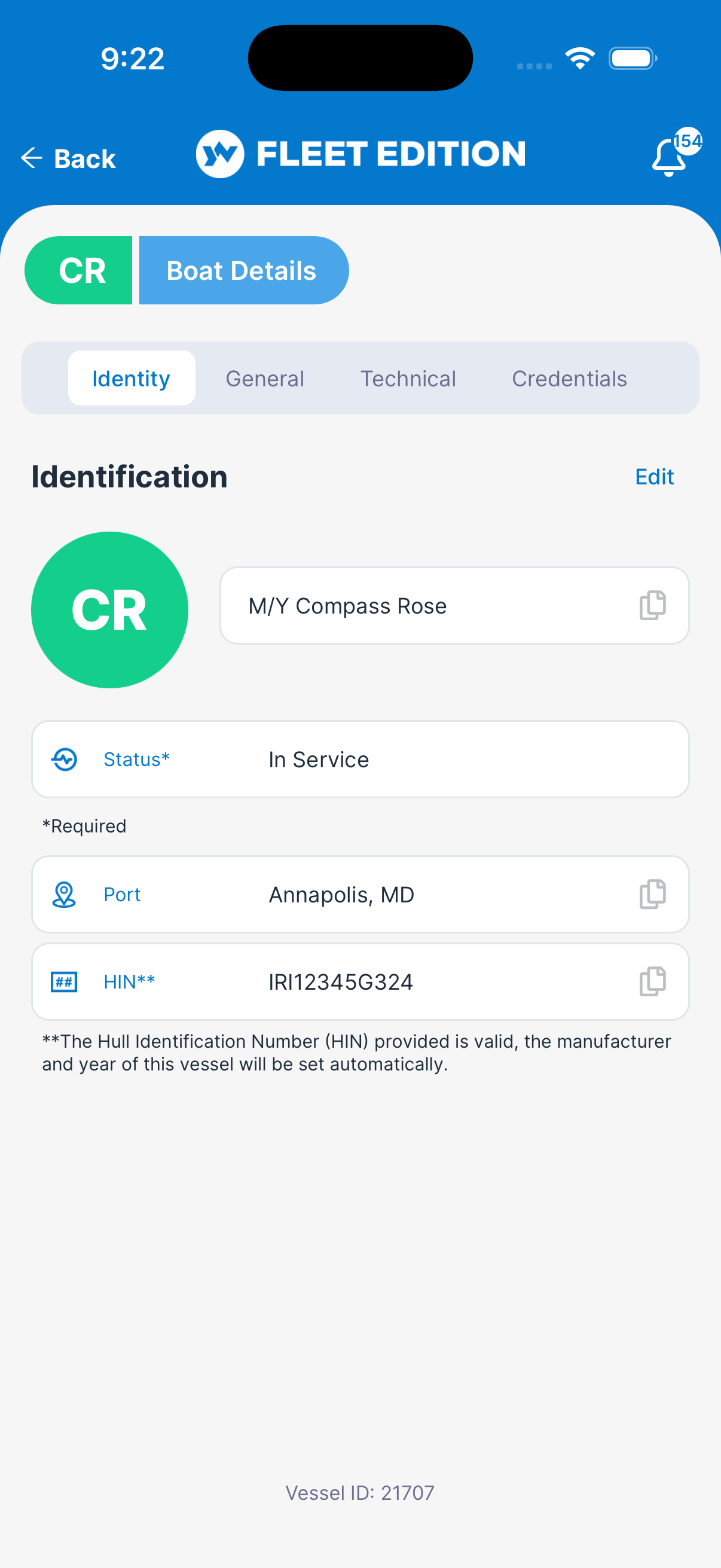 YACHTWAVE yacht management software: mobile app confirming that the hull identification number entered is valid and that the vessel's manufacturer and year will be set automatically