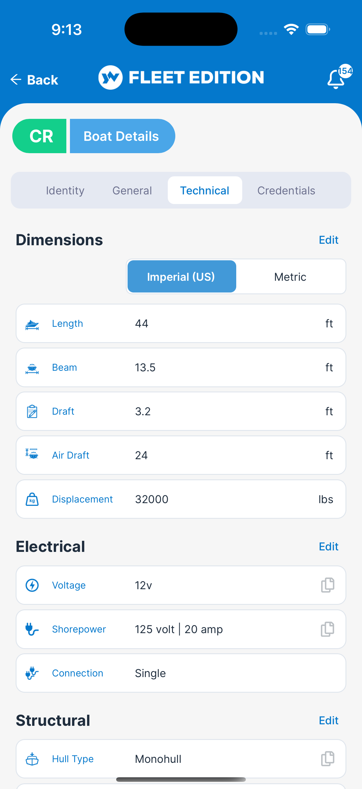 YACHTWAVE yacht management software: mobile app showing the same vessel dimensions with the imperial and metric toggle above them