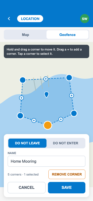 YACHTWAVE® app Location screen, Geofence tab: a Do Not Leave zone named Home Mooring drawn around the boat's berth with five draggable corners
