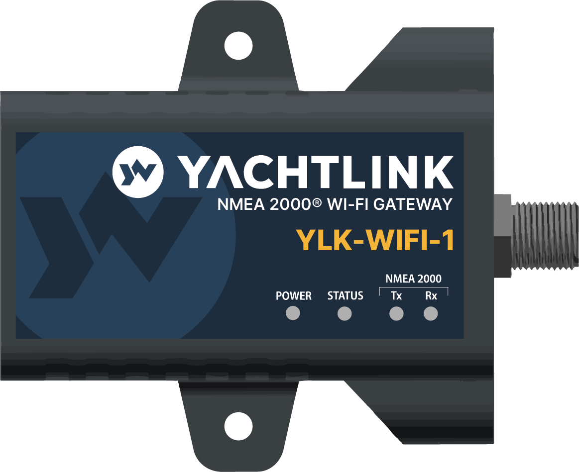 YachtLINK™ NMEA 2000® Marine Gateway, model YLK-1-WIFI, with its M12 connector and four status lights